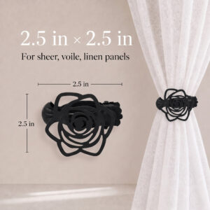 Product dimension graphic showing a black rose curtain tieback clip measuring 2.5 inches by 2.5 inches, with a demonstration of it gathering a white sheer linen panel.