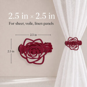 Dimension guide diagram showing the burgundy rose curtain clip measuring 2.5 inches by 2.5 inches, recommended for sheer, voile, and linen panels.