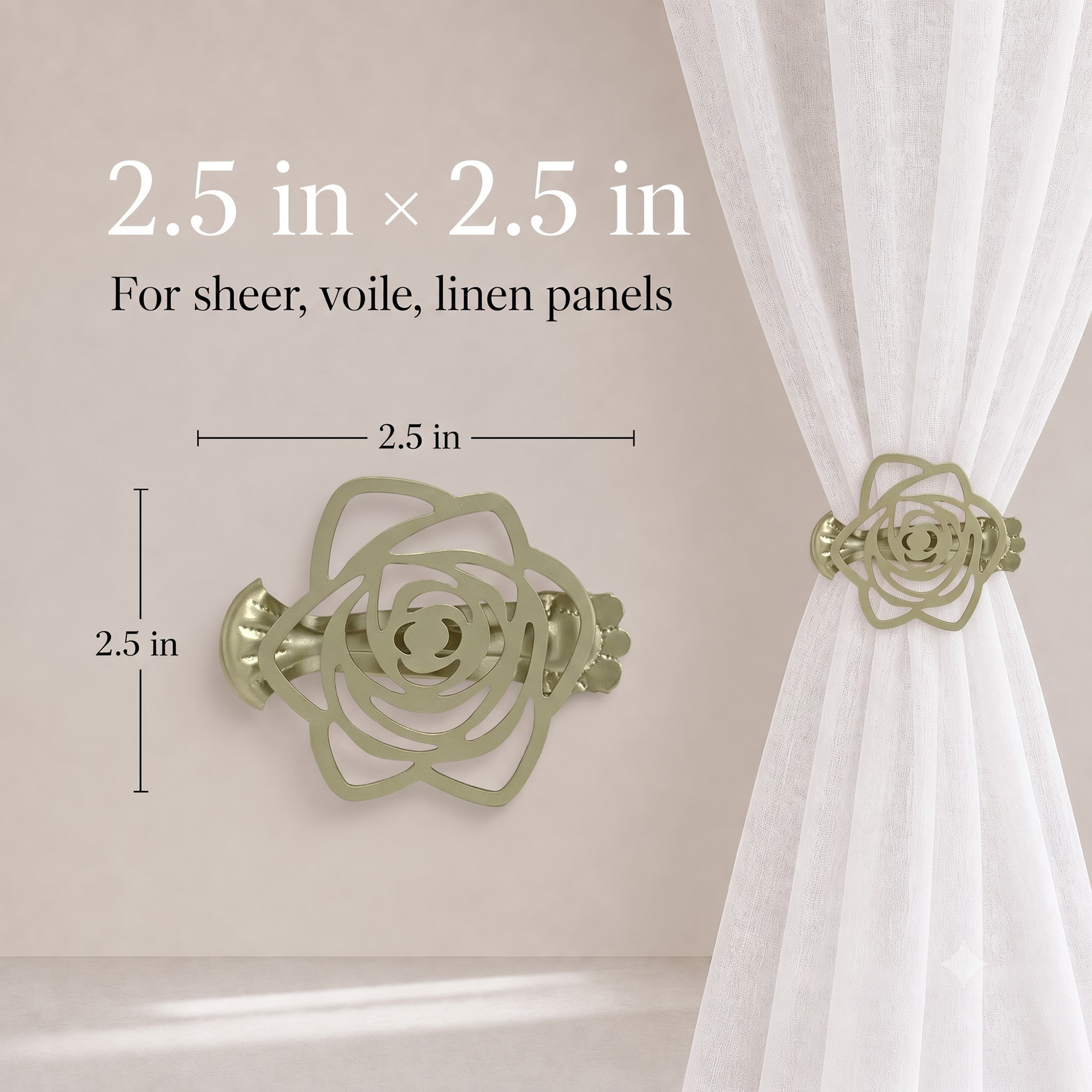 Product dimension infographic showing the gold flower curtain tieback clip measures 2.5 inches by 2.5 inches, specified for use with sheer, voile, and linen panels.