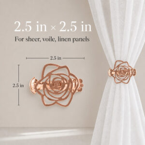 Product dimension graphic showing a copper rose curtain clip measuring 2.5 inches by 2.5 inches. Text reads "For sheer, voile, linen panels", with a side view of the clip holding a white curtain.