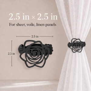 Product dimensions diagram for the rose curtain clip showing 2.5 inches by 2.5 inches size, suitable for sheer, voile, and linen panels.