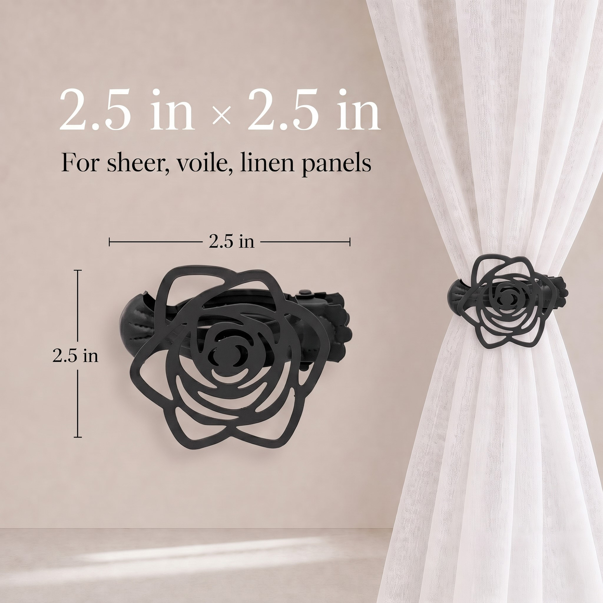 Product dimensions diagram for the rose curtain clip showing 2.5 inches by 2.5 inches size, suitable for sheer, voile, and linen panels.