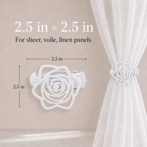 Product dimensions diagram showing the white rose curtain tieback clip is 2.5 inches by 2.5 inches, with a gathered sheer curtain panel on the right.