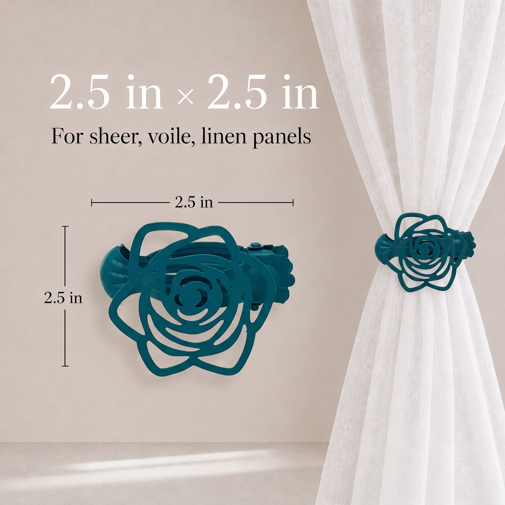 Product infograph showing the dimensions of the rose curtain clip as 2.5 in by 2.5 in, recommended for sheer, voile, and linen panels.