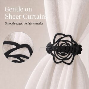 Close-up of a white sheer curtain held by a black rose clip-on tieback, featuring a circular zoom-in detail showing the smooth edges, with text reading Gentle on Sheer Curtains, Smooth edges, no fabric marks.