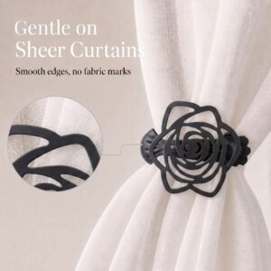 Close-up view of a charcoal curtain clip with a circular callout showing its smooth edges, with text "Gentle on Sheer Curtains, Smooth edges, no fabric marks".