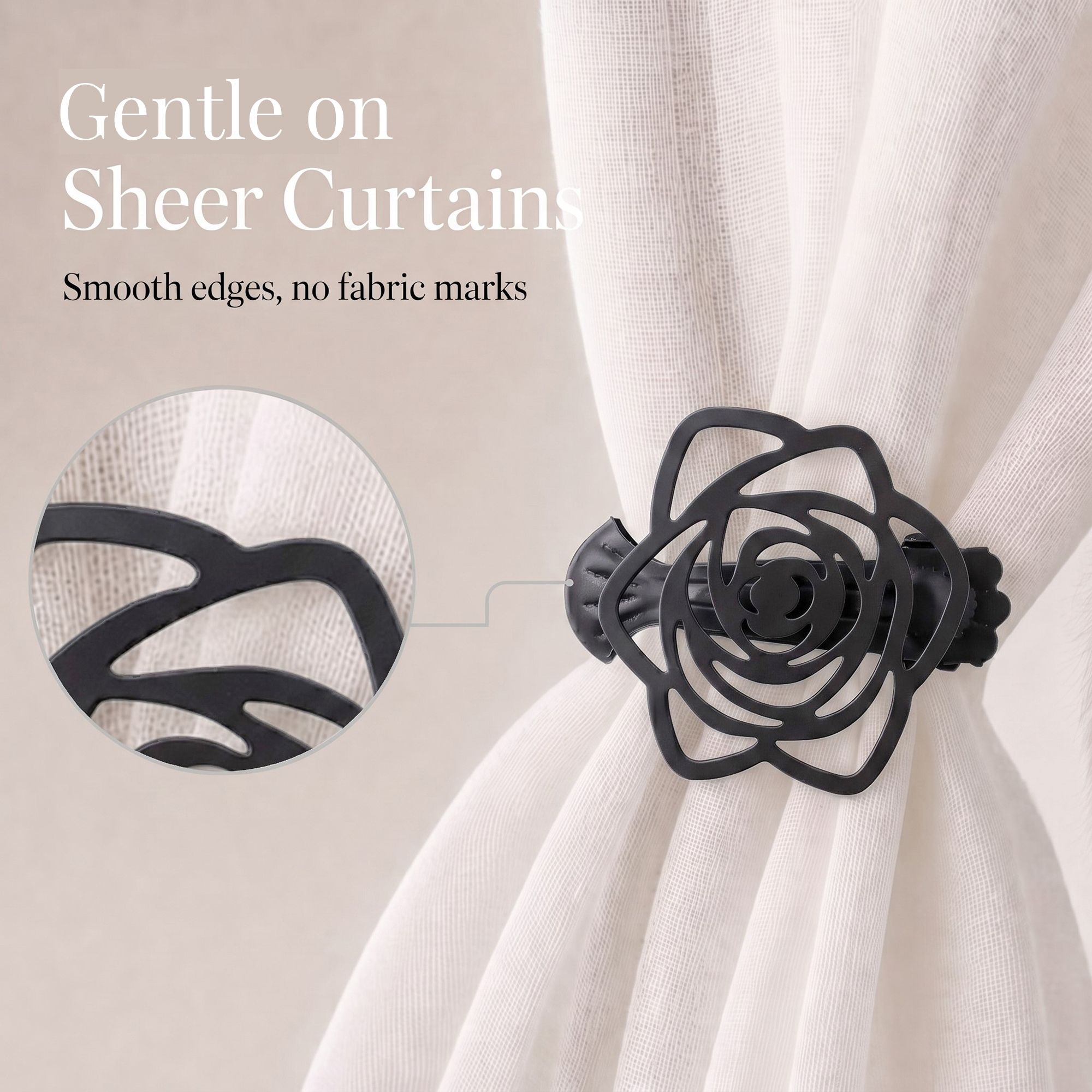 Close-up view of a charcoal curtain clip with a circular callout showing its smooth edges, with text "Gentle on Sheer Curtains, Smooth edges, no fabric marks".