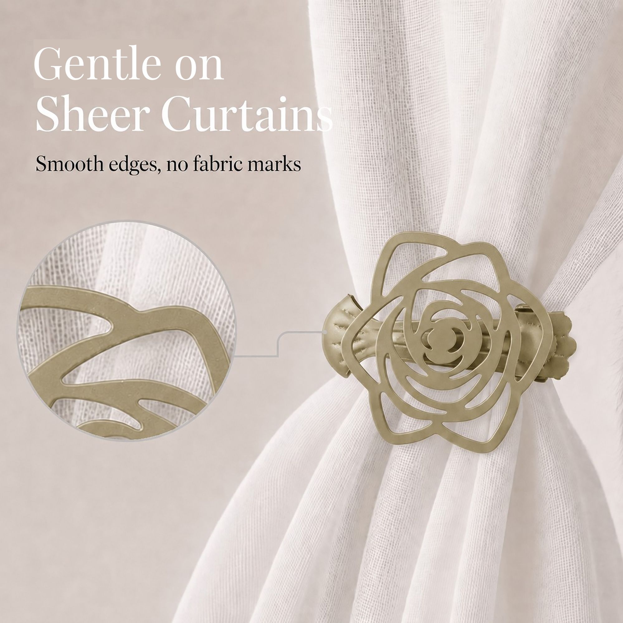 Infographic detailing the smooth, rounded edges of the gold flower curtain clip, showing it is gentle on sheer fabrics and leaves no marks.