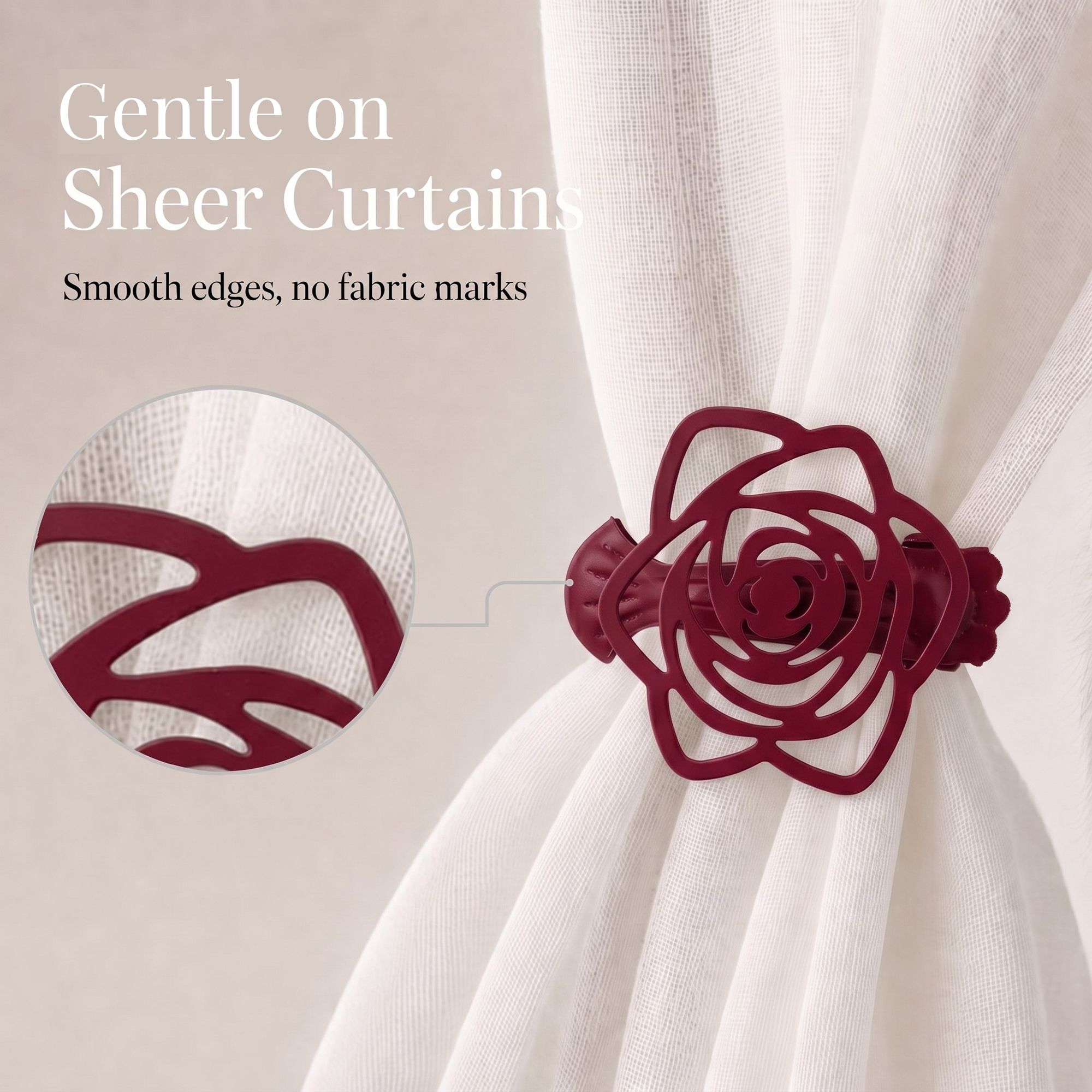 Close-up view of the smooth edges of the burgundy rose clip-on tieback gathering a delicate white fabric, with a magnifying circle showing it leaves no marks on sheer curtains.