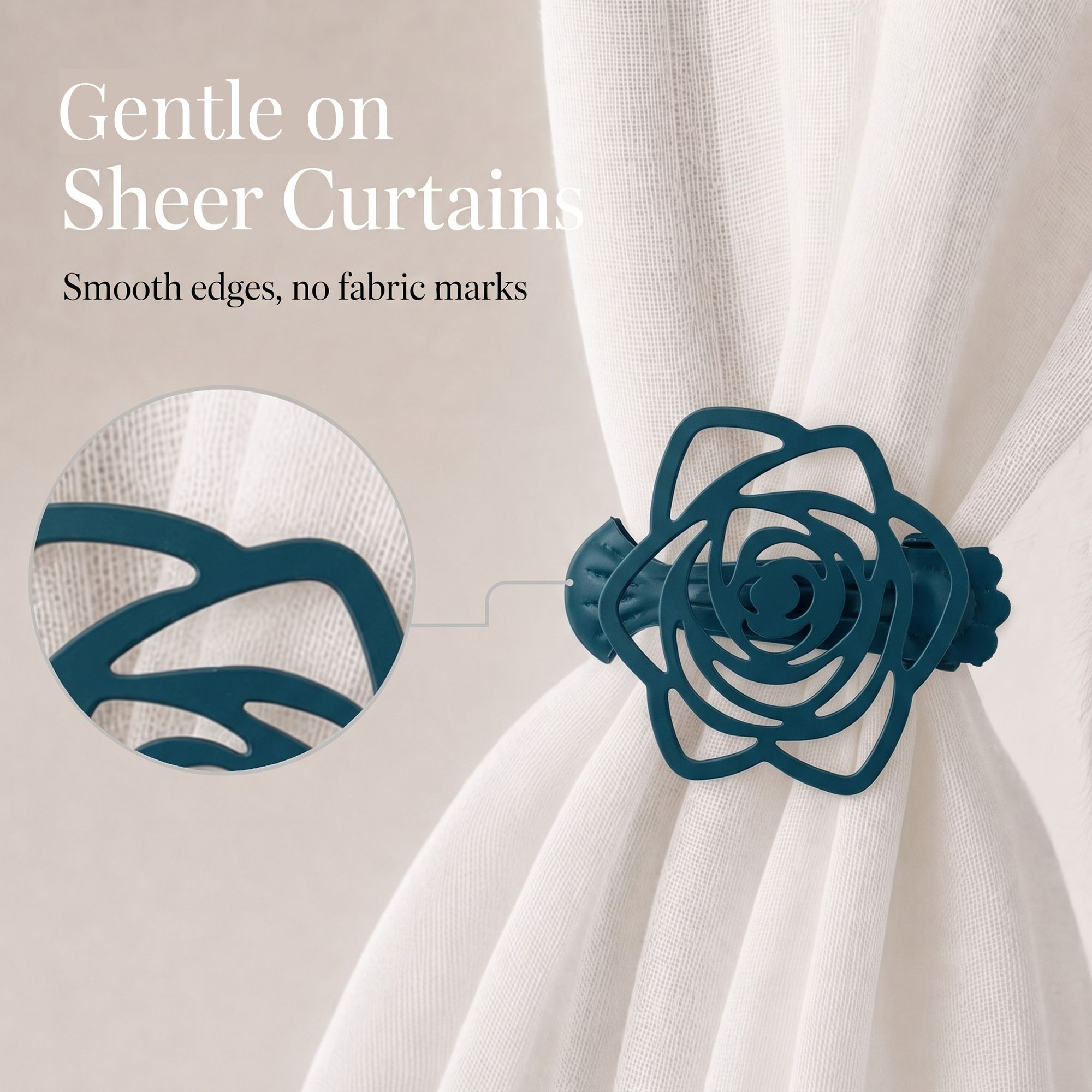 Detailed close-up showing the smooth edges of the teal metal clip to highlight fabric safety. Text overlay reads "Gentle on Sheer Curtains, Smooth edges, no fabric marks".