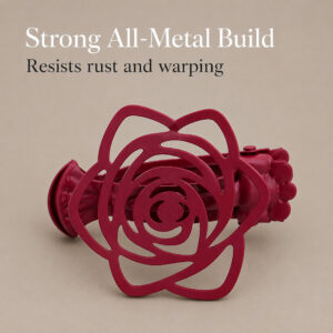 Close-up of a single burgundy red metal flower curtain tieback clip on a neutral background, highlighting its strong all-metal build that resists rust and warping.