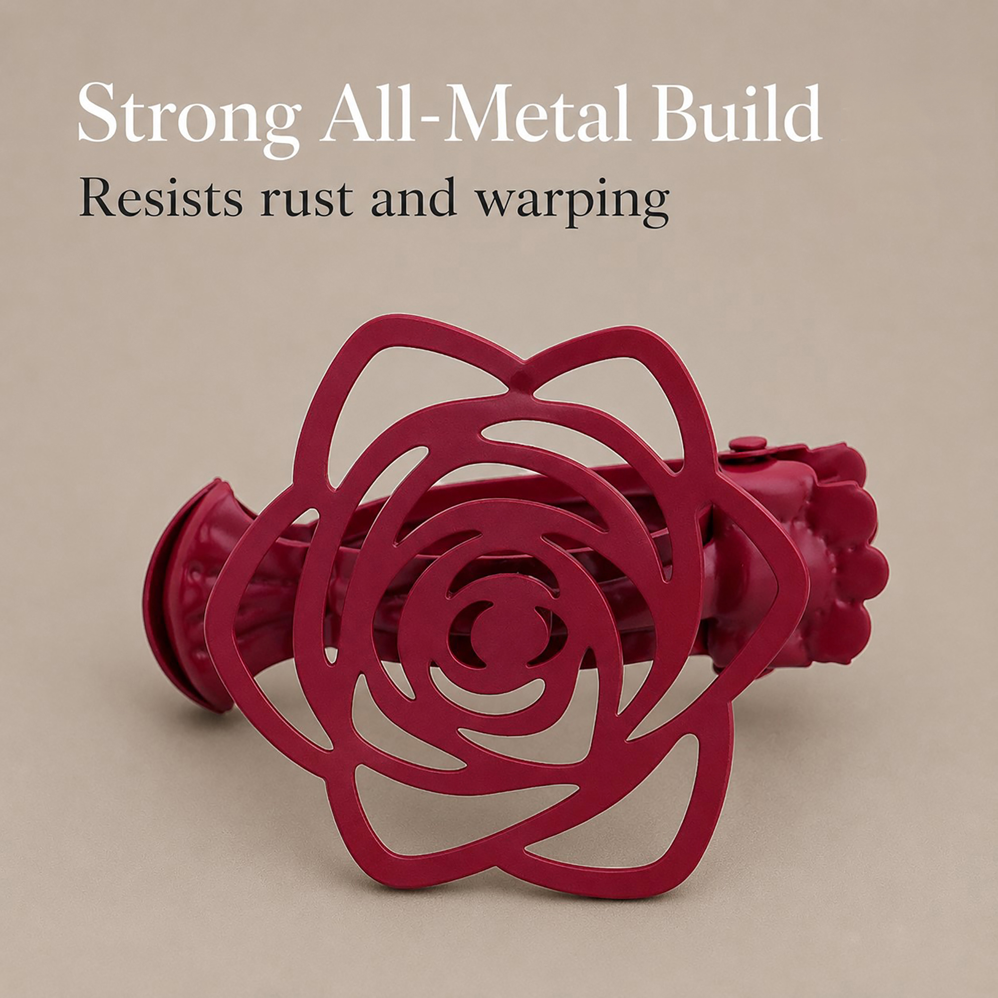 Close-up of a single burgundy red metal flower curtain tieback clip on a neutral background, highlighting its strong all-metal build that resists rust and warping.
