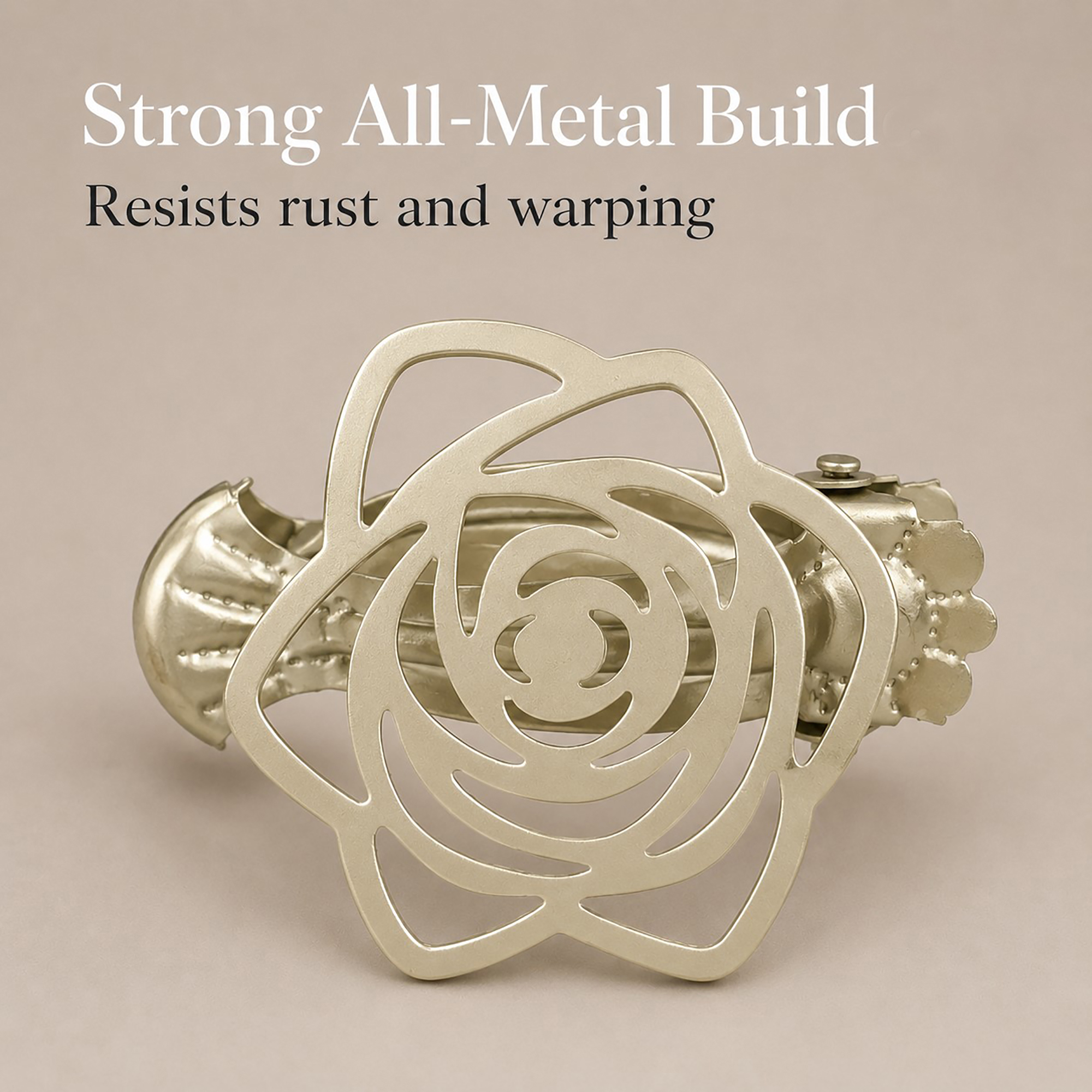 Close-up view of the champagne gold flower curtain tieback clip showcasing its durable all-metal build that resists rust and warping.