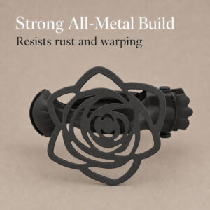 A graphite rose flower curtain tieback clip on a neutral background with text "Strong All-Metal Build, Resists rust and warping".
