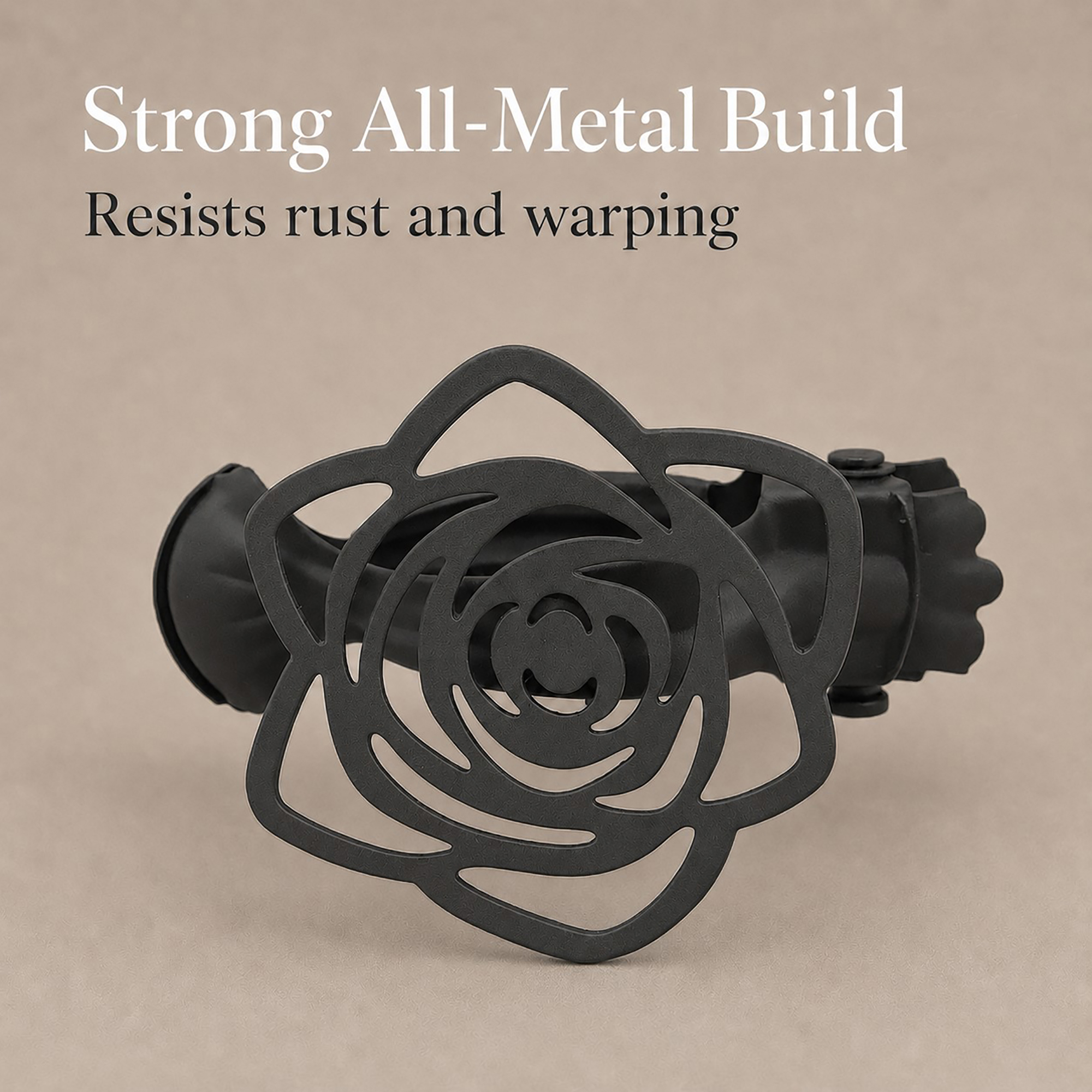 A graphite rose flower curtain tieback clip on a neutral background with text "Strong All-Metal Build, Resists rust and warping".
