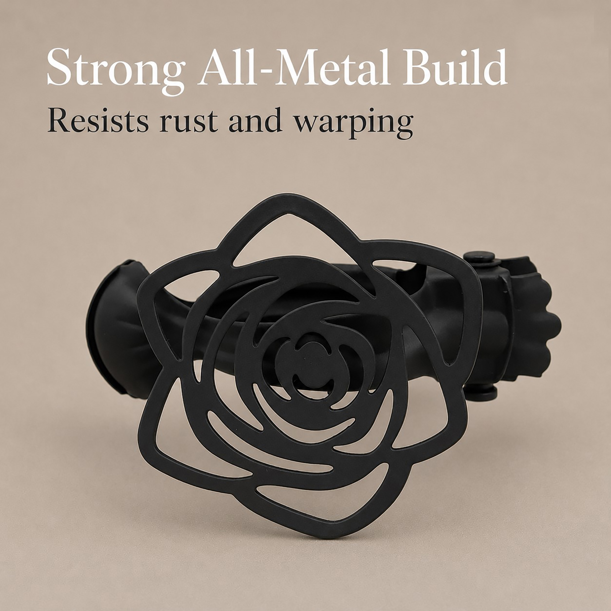 A matte black rose-shaped metal curtain tieback clip shown on a neutral background with headline text reading Strong All-Metal Build, Resists rust and warping.