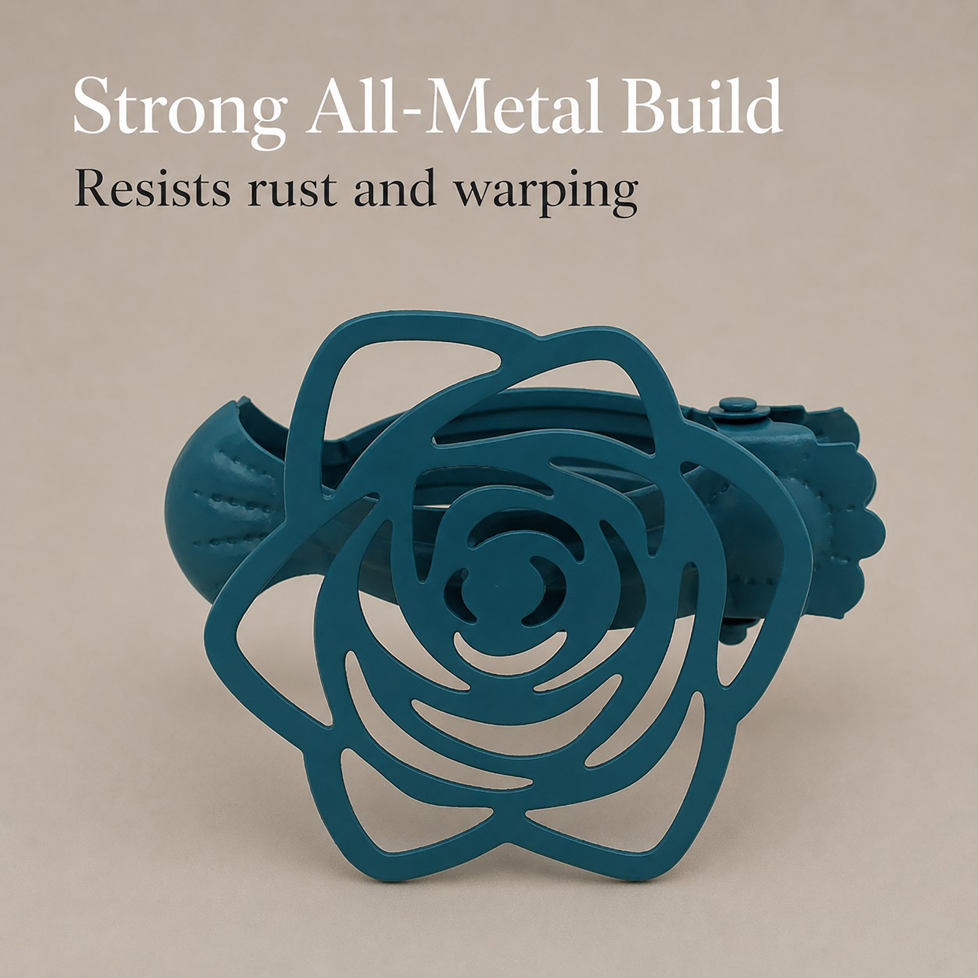 Teal blue flower curtain holdback clip placed on a neutral background, highlighting its sturdy design. Text overlay reads "Strong All-Metal Build, Resists rust and warping".