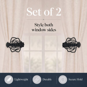 A set of two black rose decorative curtain tiebacks styling both sides of a window treatment on beige sheer curtains, with lower icons highlighting features: Lightweight, Durable, Secure Hold.