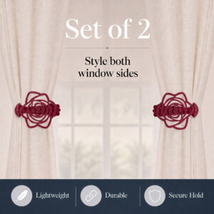 A set of 2 decorative burgundy rose curtain clips holding sheer panels on both sides of a window, with feature icons below labeled Lightweight, Durable, and Secure Hold.