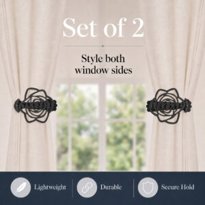 A set of 2 decorative charcoal gray rose curtain holdbacks styling both sides of a window treatment with icons for lightweight, durable, and secure hold.