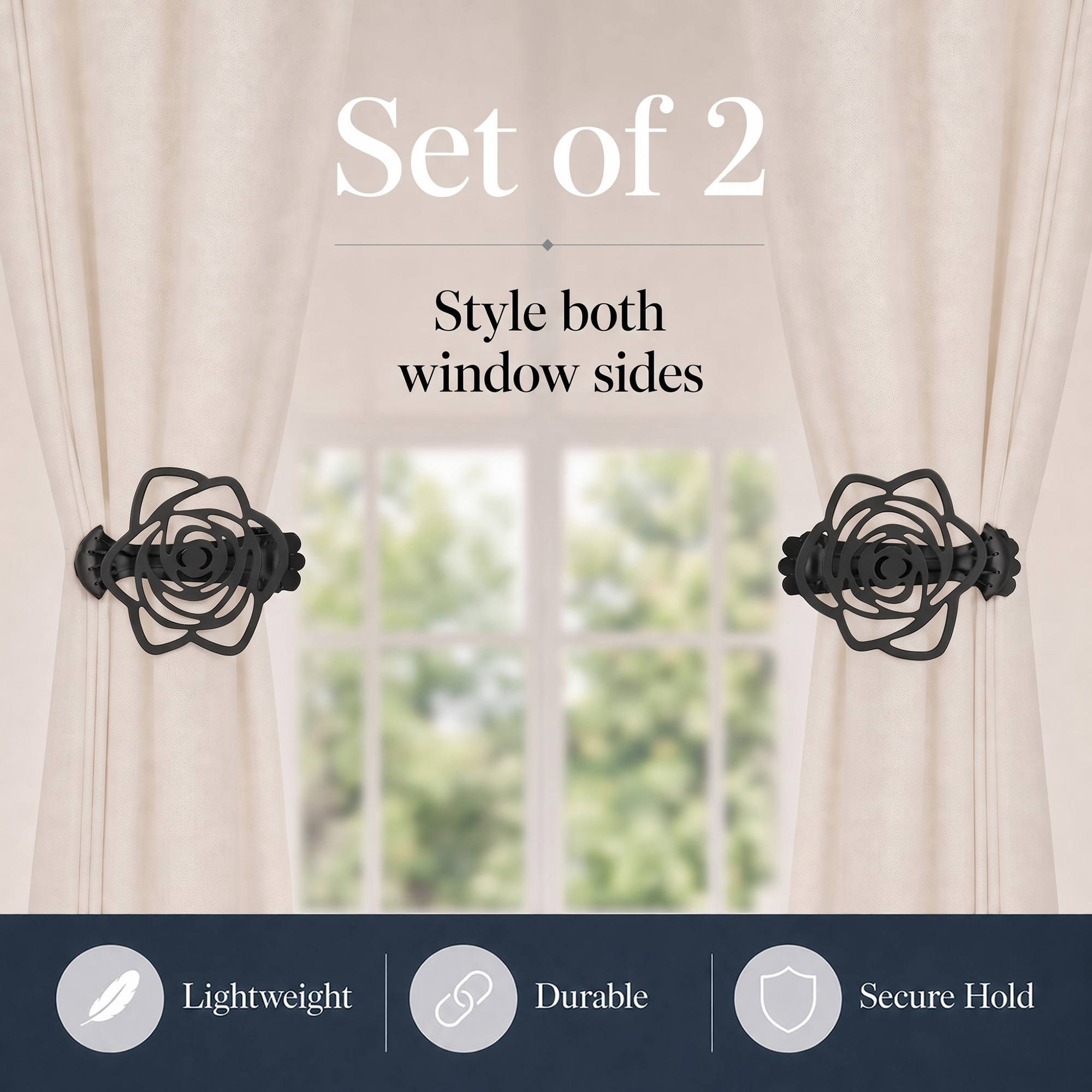 A set of 2 decorative charcoal gray rose curtain holdbacks styling both sides of a window treatment with icons for lightweight, durable, and secure hold.