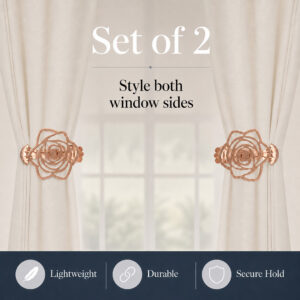 Promotional graphic showing a set of two beige curtains on both sides of a window, each gathered with a copper rose clip. Text reads "Set of 2: Style both window sides" with three icons at the bottom for "Lightweight", "Durable", and "Secure Hold".