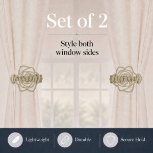 Infographic showing a set of two gold flower curtain tiebacks styling both sides of a window, highlighting features like lightweight, durable, and secure hold.