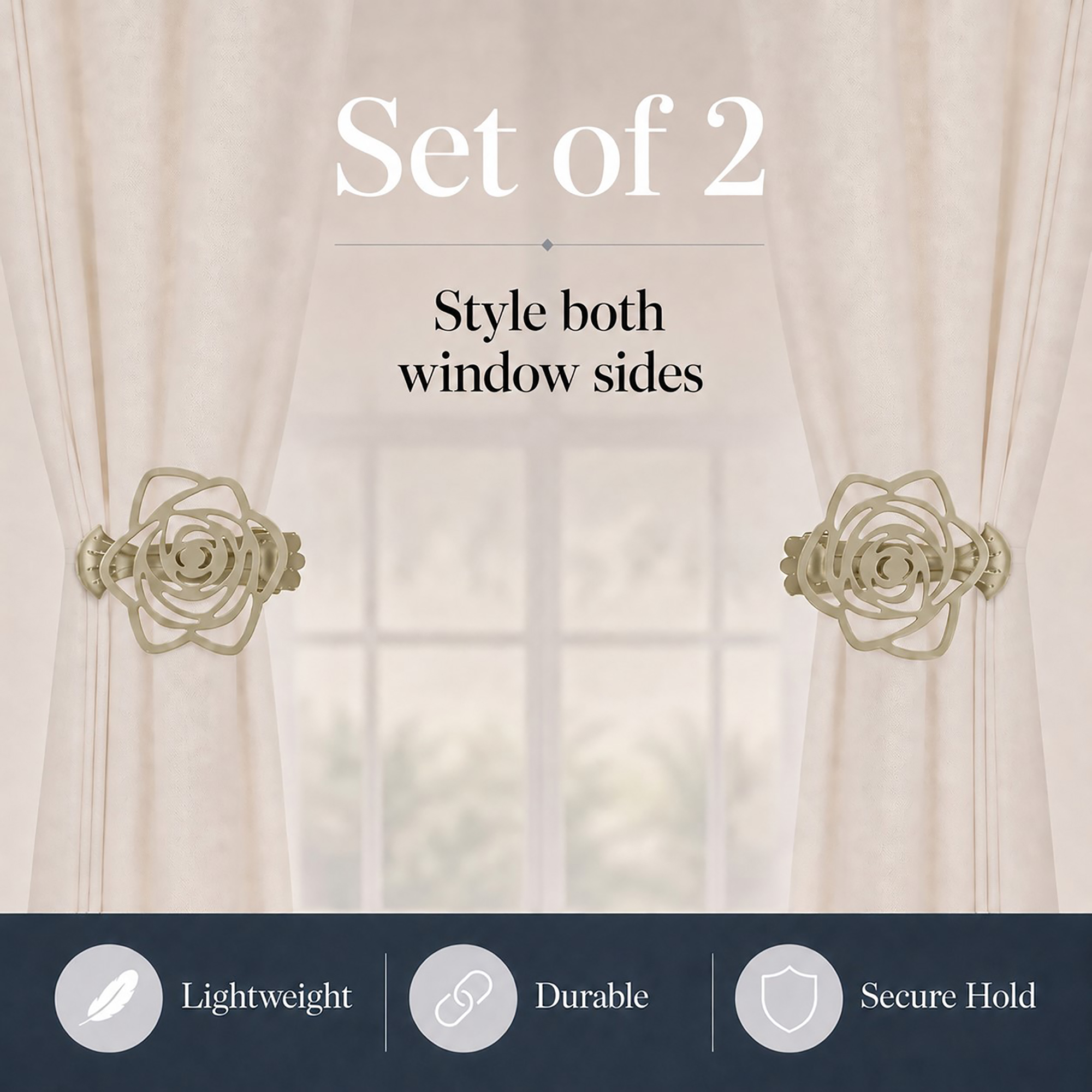 Infographic showing a set of two gold flower curtain tiebacks styling both sides of a window, highlighting features like lightweight, durable, and secure hold.