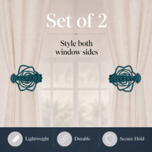 A pair of light beige curtains framed on both sides of a window, each held by a teal rose clip. Text reads "Set of 2, Style both window sides" with Lightweight, Durable, and Secure Hold feature icons.
