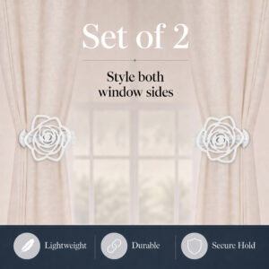A set of two white rose tiebacks styling both sides of light-colored window curtains, featuring the text "Set of 2. Style both window sides" with feature icons for Lightweight, Durable, and Secure Hold.