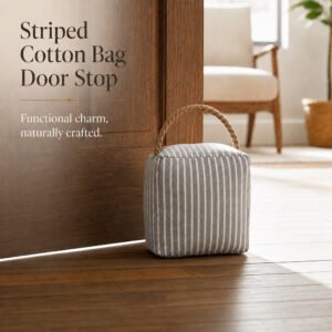 Close-up of the blue ticking stripe fabric on the door stop