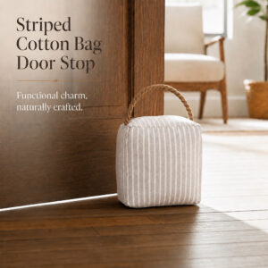 Close-up of the gray ticking stripe fabric on the door stop