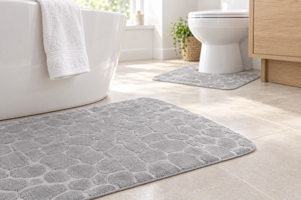 Light gray memory foam bath rug with embossed pebble pattern in front of a bathtub, matching contour rug at the toilet base
