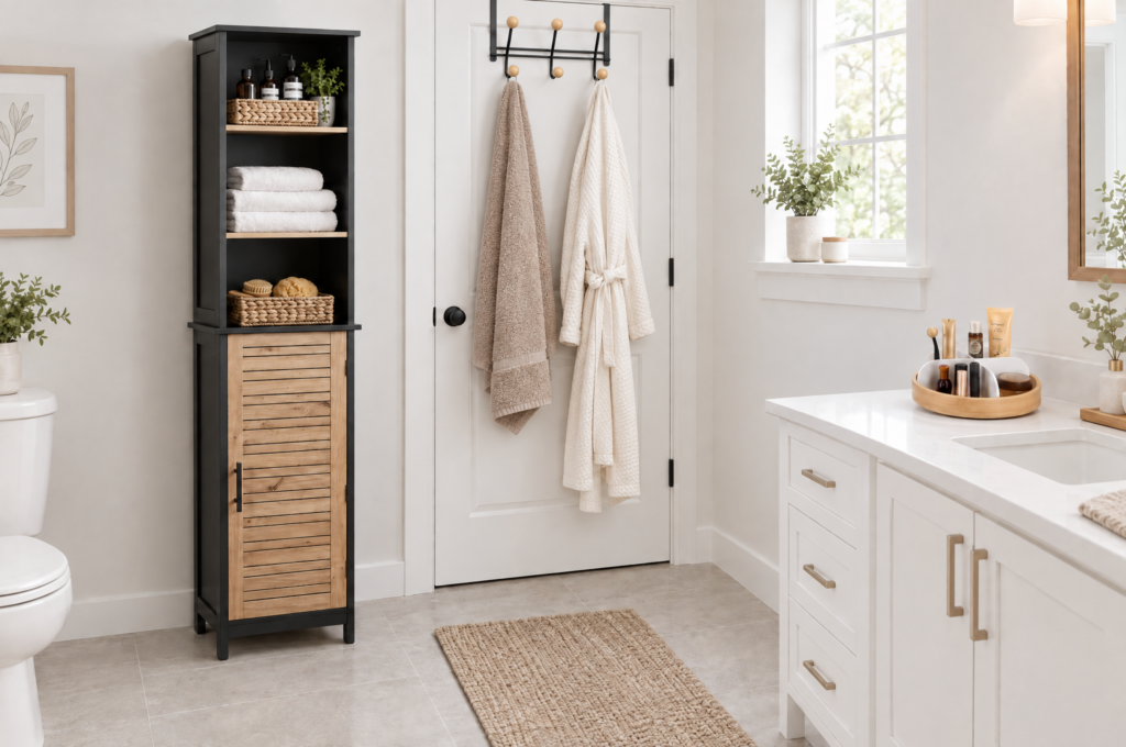 Small bathroom with a tall black and bamboo storage cabinet, a rotating organizer on the vanity and an over-the-door hook rack