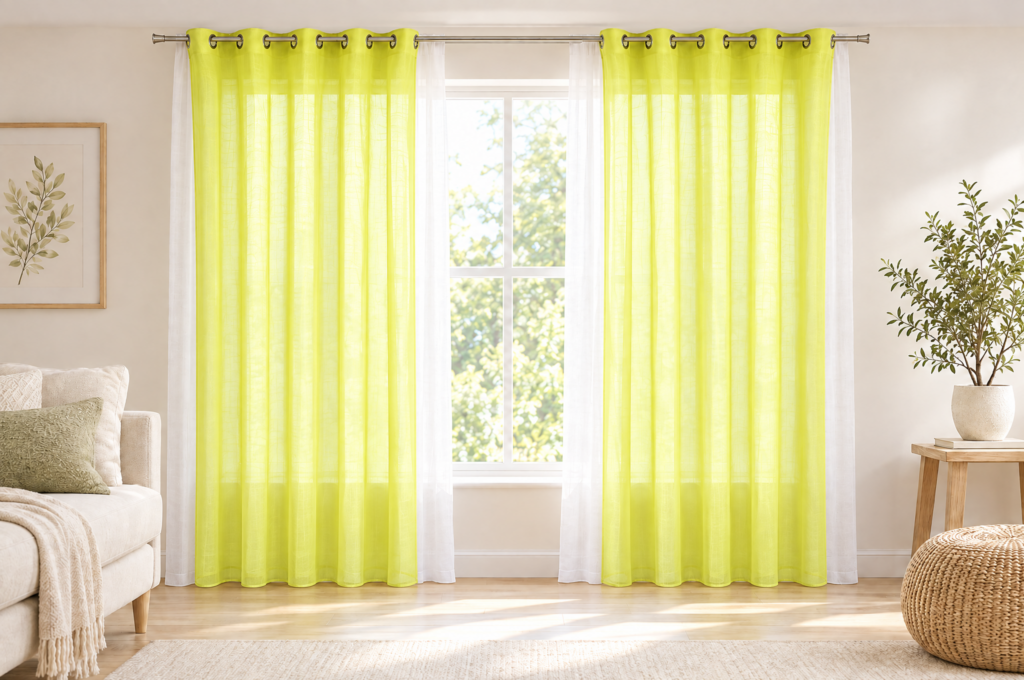 Living room window framed by lime green and white double layer sheer curtain panels on a silver rod