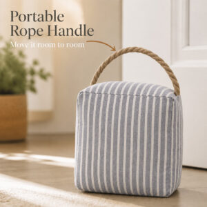Door stop with a braided rope handle for carrying between rooms