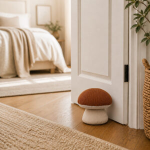 Rust corduroy mushroom door stop in a bedroom doorway with farmhouse-boho decor