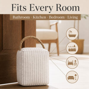Gray ticking stripe door stop used in a bathroom, kitchen, bedroom, and living room