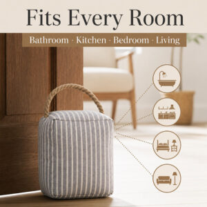 Blue ticking stripe door stop used in a bathroom, kitchen, bedroom, and living room