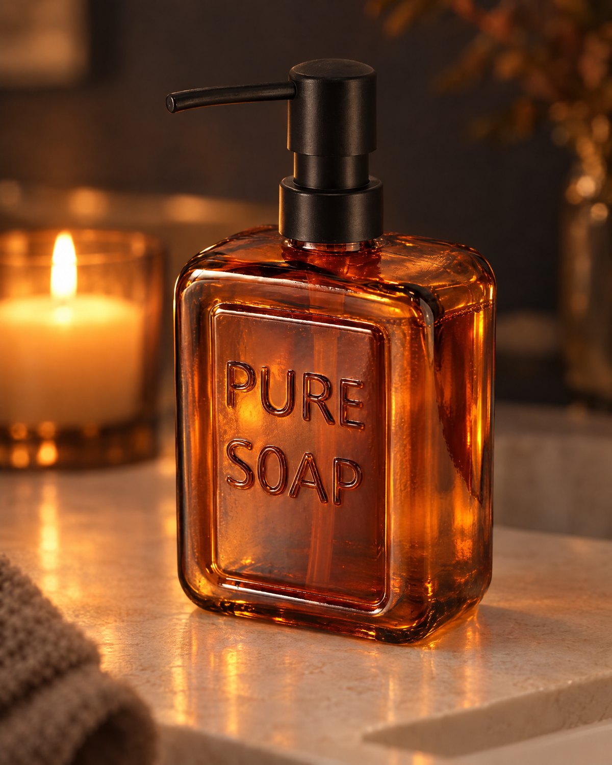Amber glass PURE SOAP dispenser with black pump glowing in candlelight on a bathroom counter