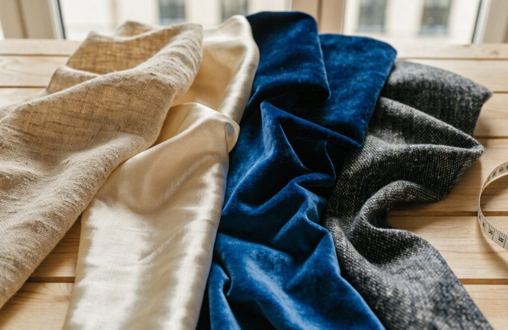 Curtain fabric swatches in linen, faux silk, blue velvet and gray tweed with a tape measure