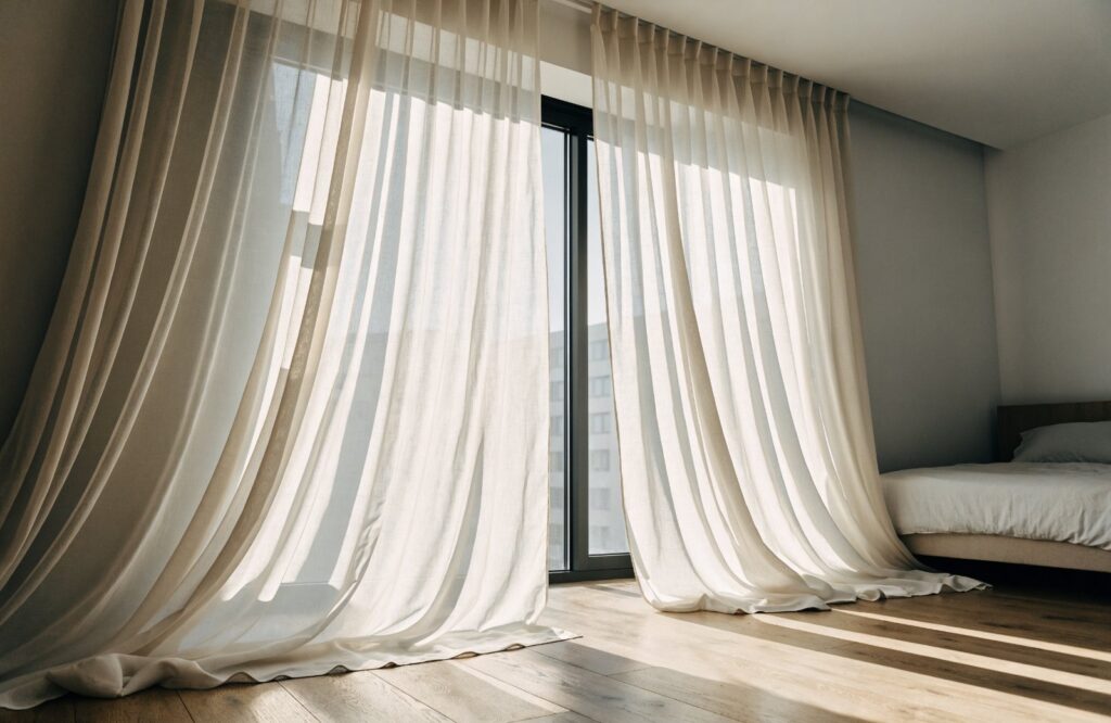 Ivory floor-length curtains hung high and wide beyond the window frame, lightly puddled on the floor