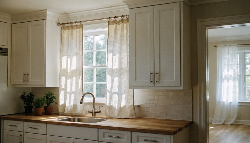 Light cream linen cafe curtains on a metal rod above a kitchen sink window