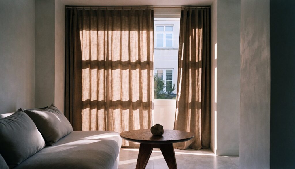 Floor-length taupe linen drapes hung near the ceiling of a sunlit living room
