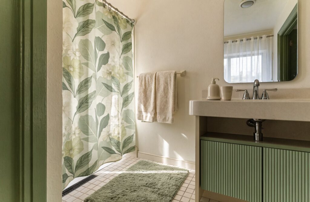 Botanical sage shower curtain matched with a sage bath rug, cream towels and a ceramic soap dispenser