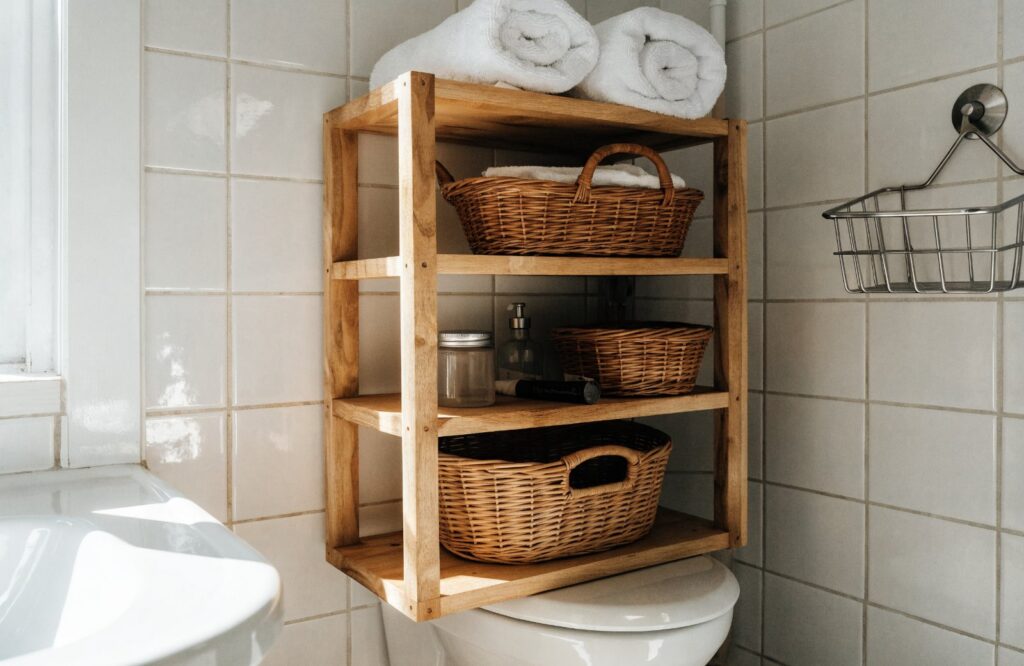 Wooden shelf over the toilet with wicker baskets and towels next to a suction cup shower caddy