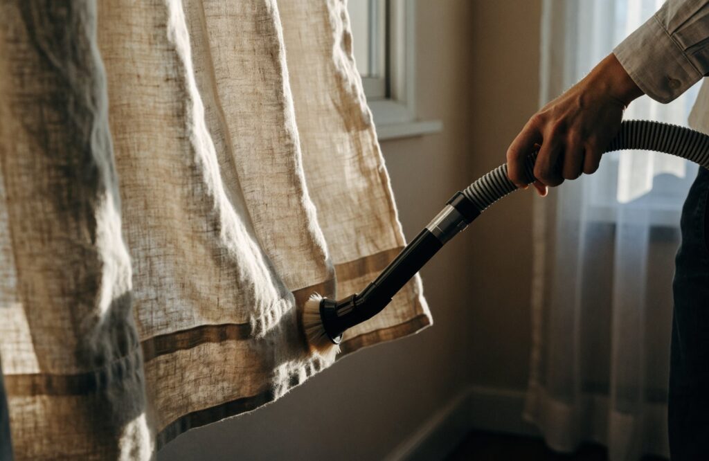 Vacuuming the hem of a heavy linen curtain with a soft dusting brush attachment
