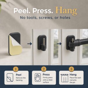 Peel press and hang installation of no drill curtain rod bracket on window frame