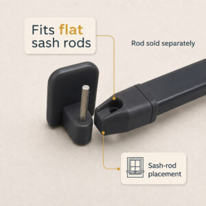 Stainless steel pin slotting into the end of a flat sash rod on a black adhesive mount