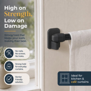 No drill curtain rod holder leaves walls unmarked in a rental apartment window